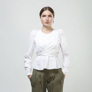 NWT A.L.C. White cotton tie wrap front long ruched princess sleeve blouse shirt